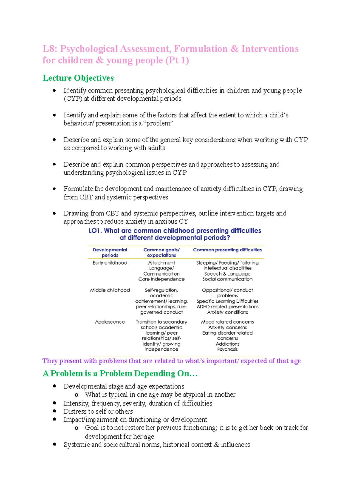 W8 Lec + Reading Notes - L8: Psychological Assessment, Formulation ...