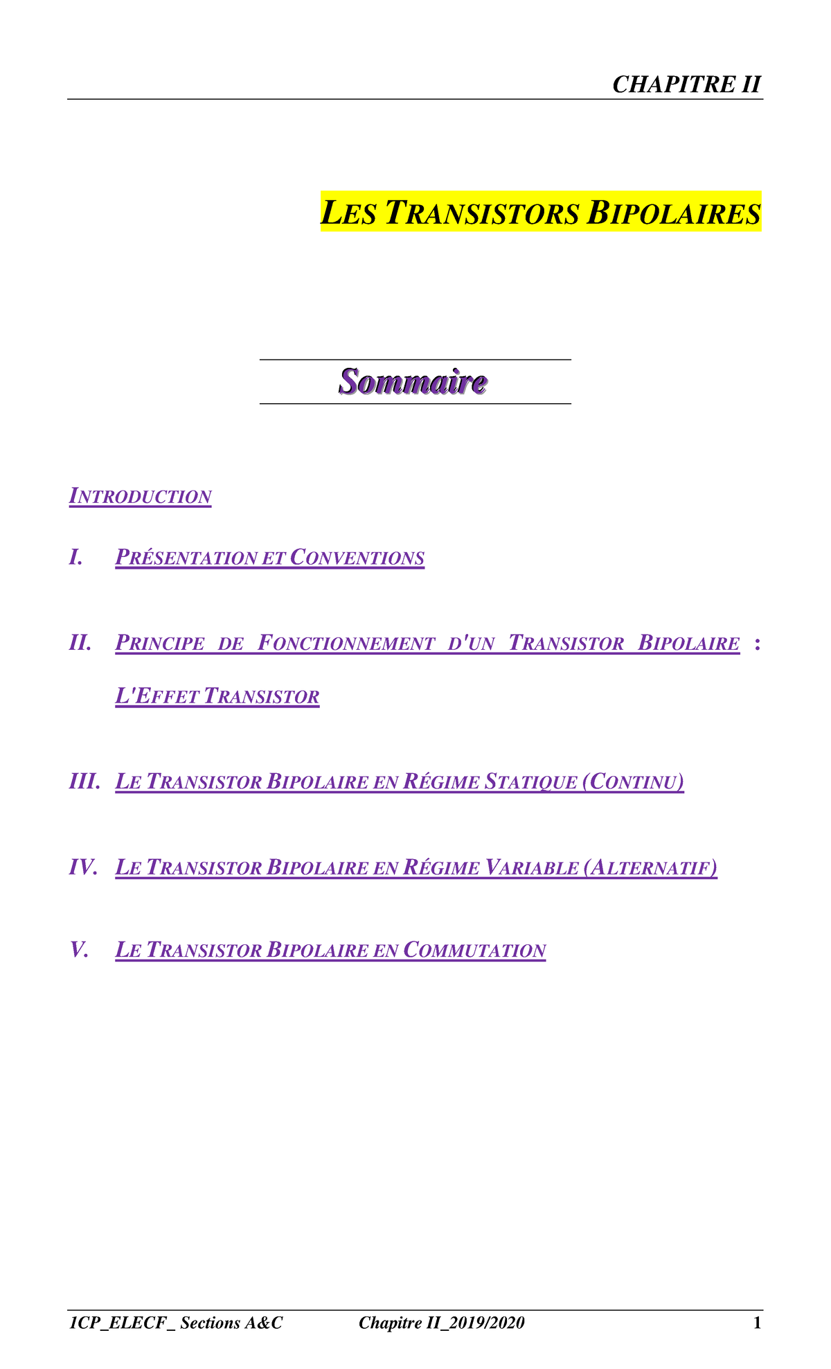 Chap. II ELECF1 2020 CHAPITRE II LES TRANSISTORS BIPOLAIRES SS