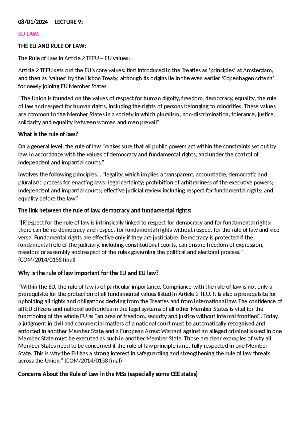 Lecture 9, 10- eu and rule of law - 08/01/2024 LECTURE 9: EU LAW: THE ...