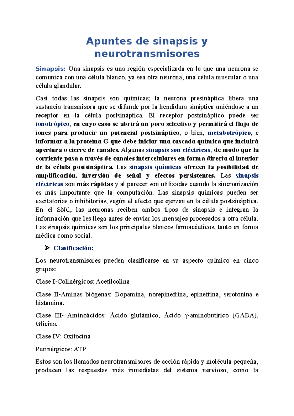 Apuntes de sinapsis y neurotransmisores - Apuntes de sinapsis y ...