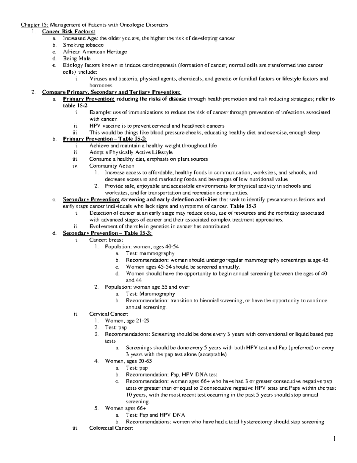 Oncolocy outline old - nursing, rn, oncology, notes - Chapter 15 ...