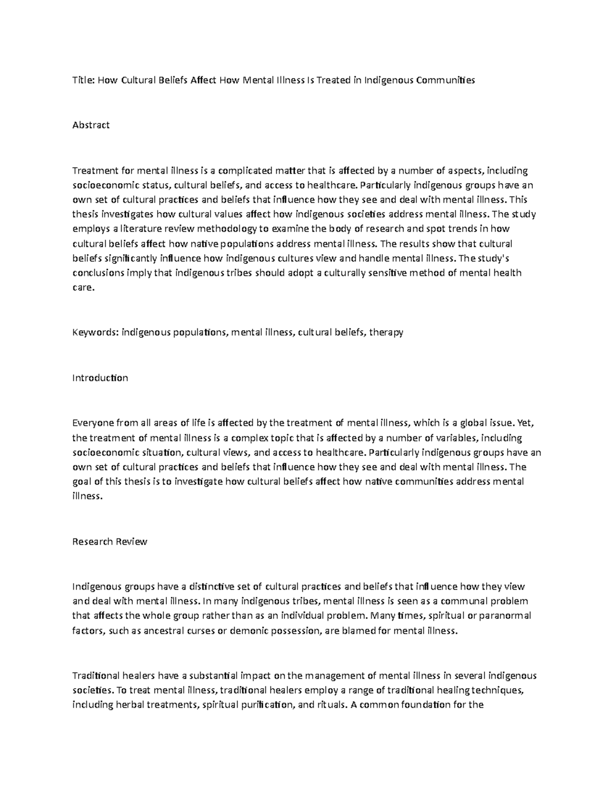 The Influence of Cultural Beliefs on the Treatment of Mental Illness in ...