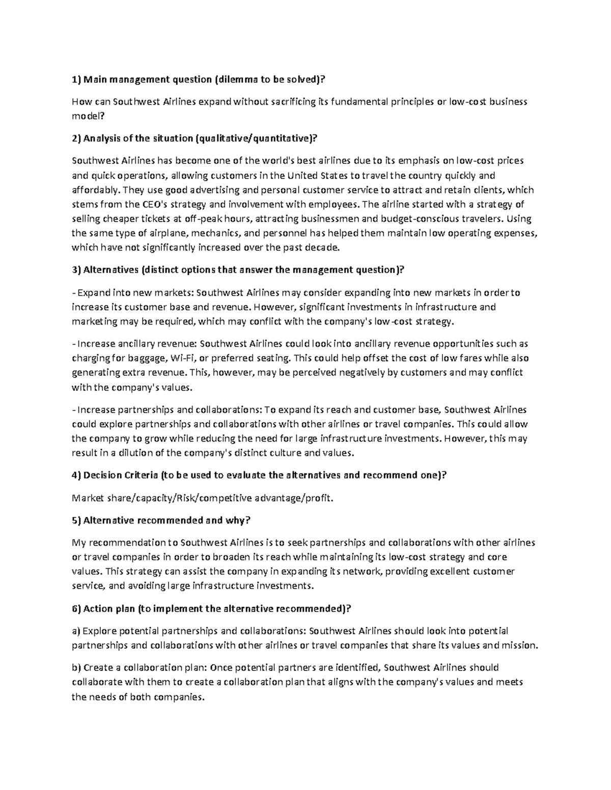 Southwest Airlines in 2020 Case study Main management question