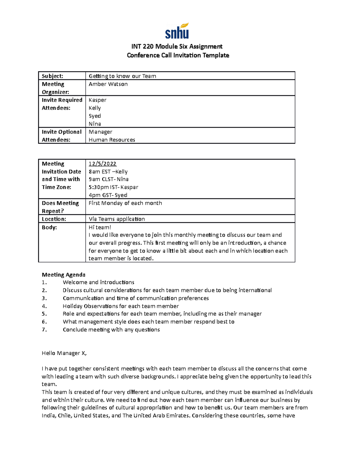 INT 220 Conference Call Invitation - INT 220 Module Six Assignment ...