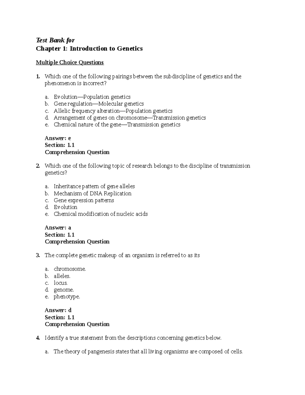 Genetics chp 1 test questions - Test Bank for Chapter 1: Introduction ...