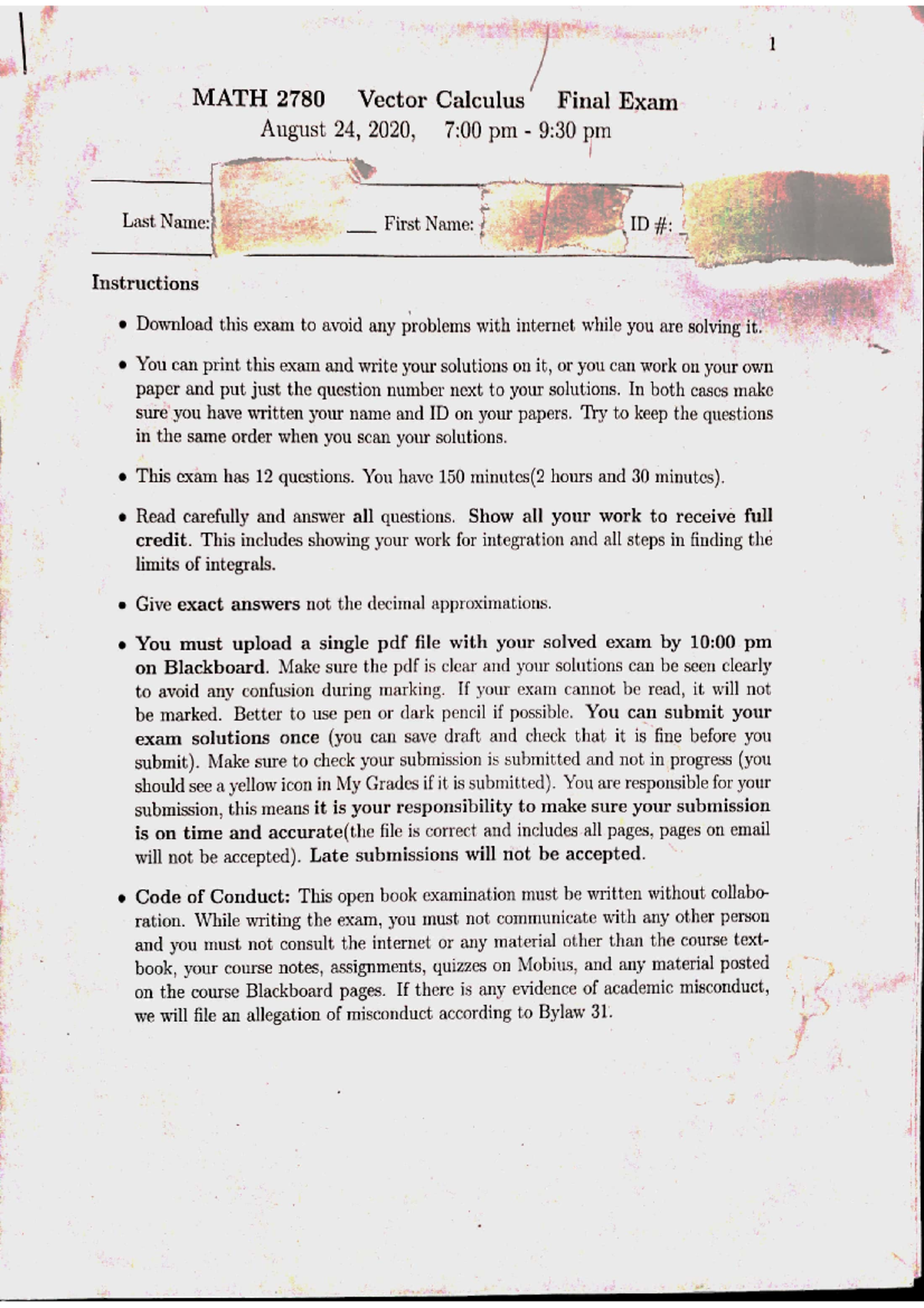 Vector calculus Final exam - 03 62 215 - Studocu