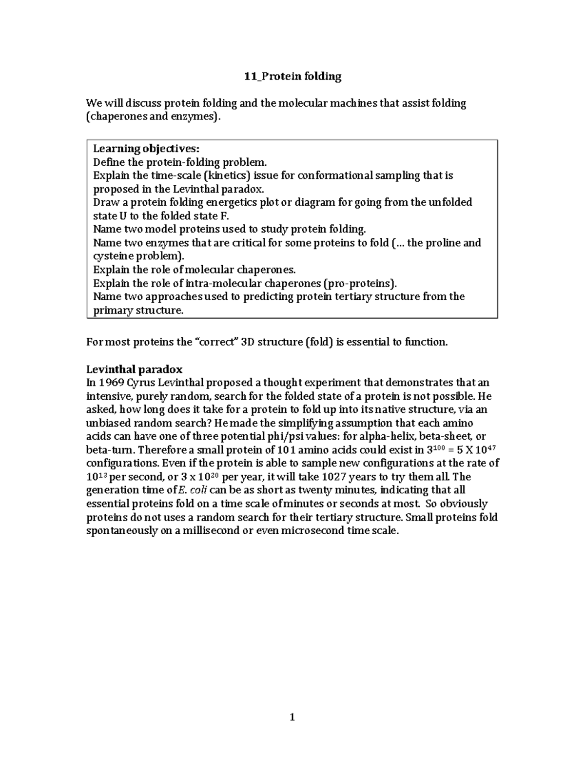 11 Folding Lecture notes 11 11_Protein folding We will discuss