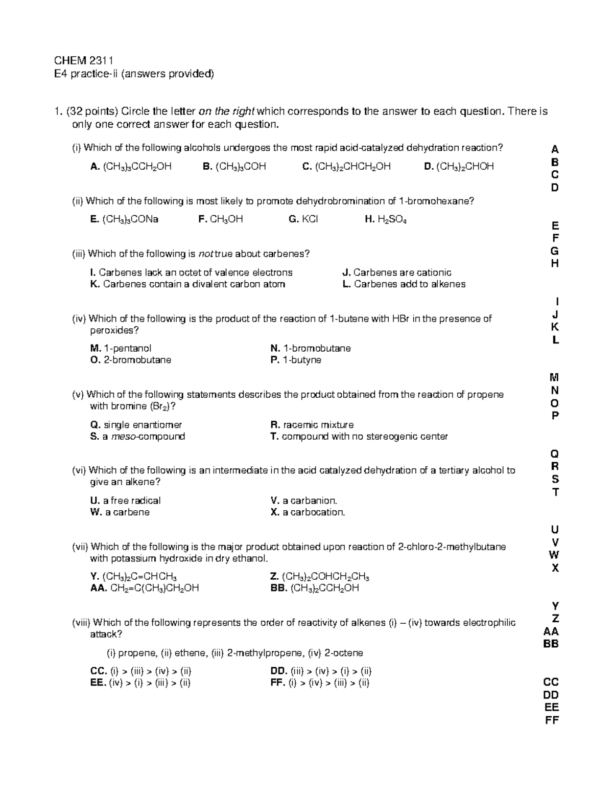 Practice Exam 4 B - CHEM 2311E4 practice-ii (answers provided) 1. (32 ...