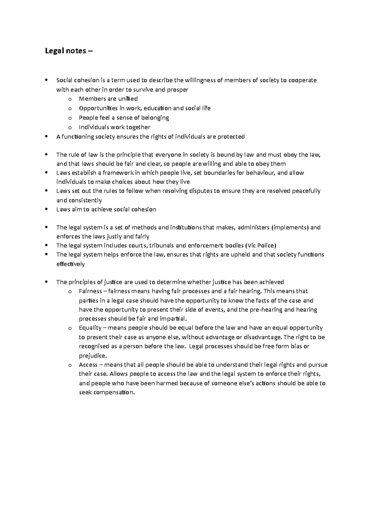 VCE Legal Studies Unit 1 AOS 1 Notes - Legal notes – Social cohesion is ...