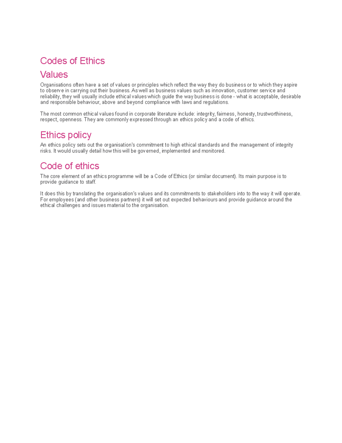 Codes of Ethics lecture Codes of Ethics Values Organisations often
