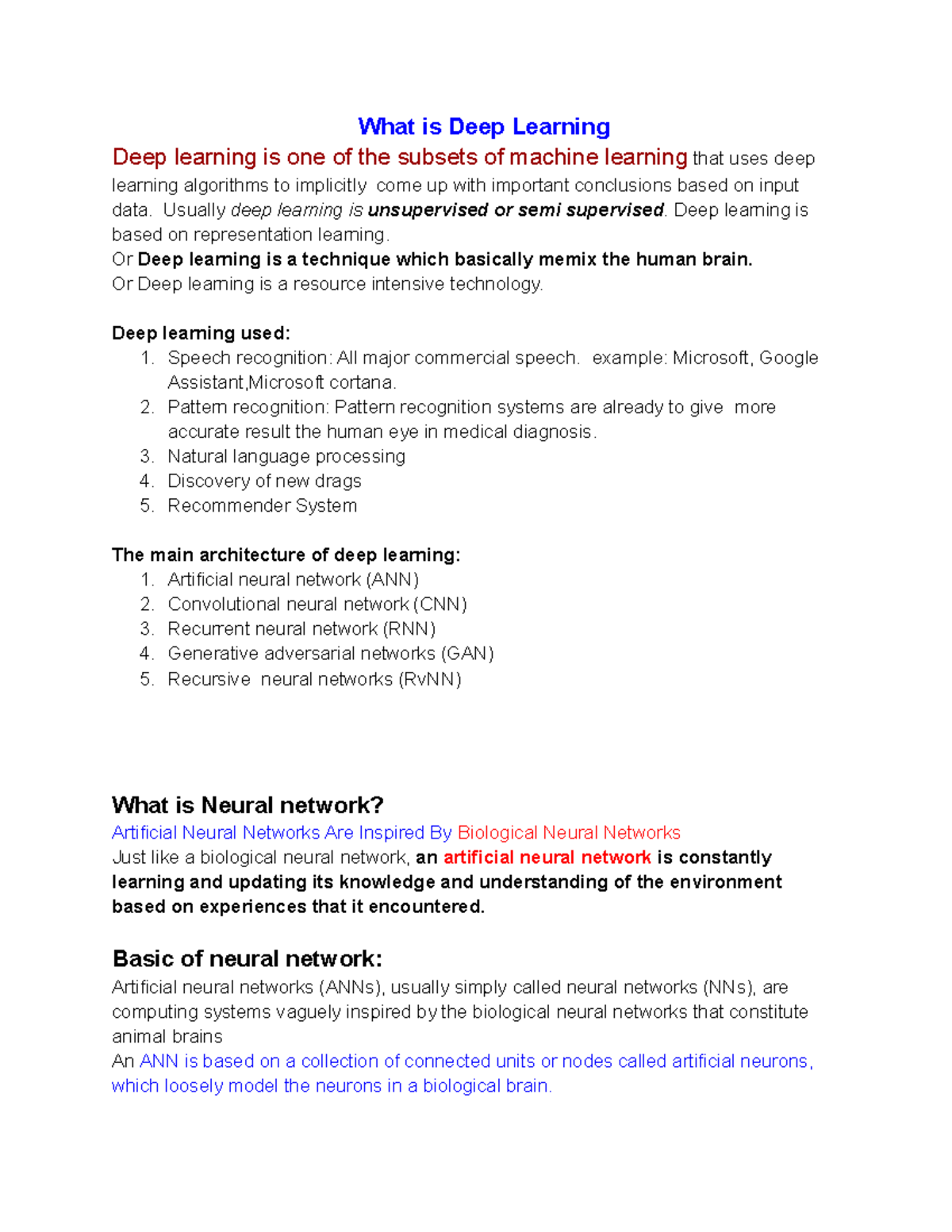 Basic Neural Network - Lecture notes 8 - What is Deep Learning Deep ...