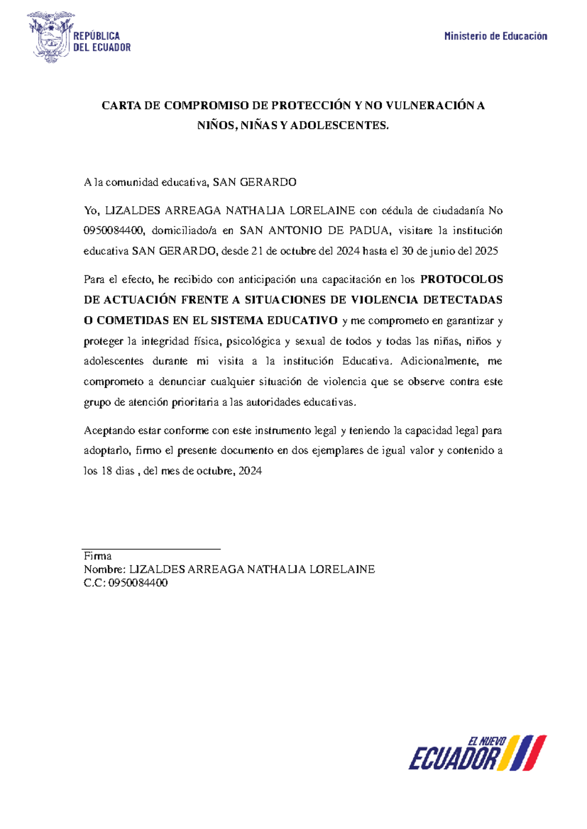 2 Carta De Compromiso De Protecci Ón Y No Vulneraci Ón A Ni Ños - CARTA ...