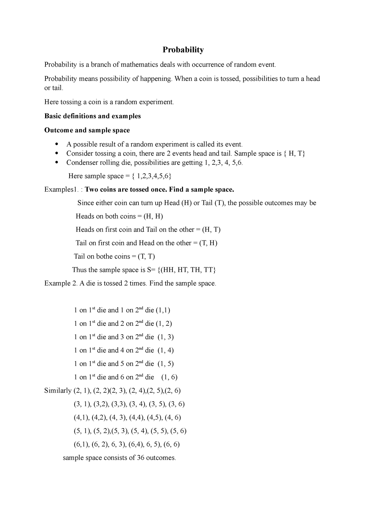 Sample Space - Probability Probability Is A Branch Of Mathematics Deals ...