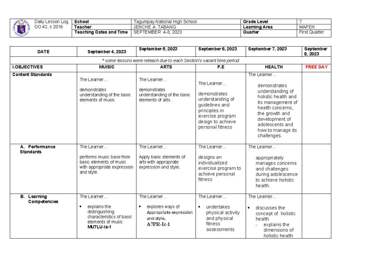 Q1 Mapeh 7 DLL WEEK 2 093929 - Daily Lesson Log DO 42, s 2016 School ...