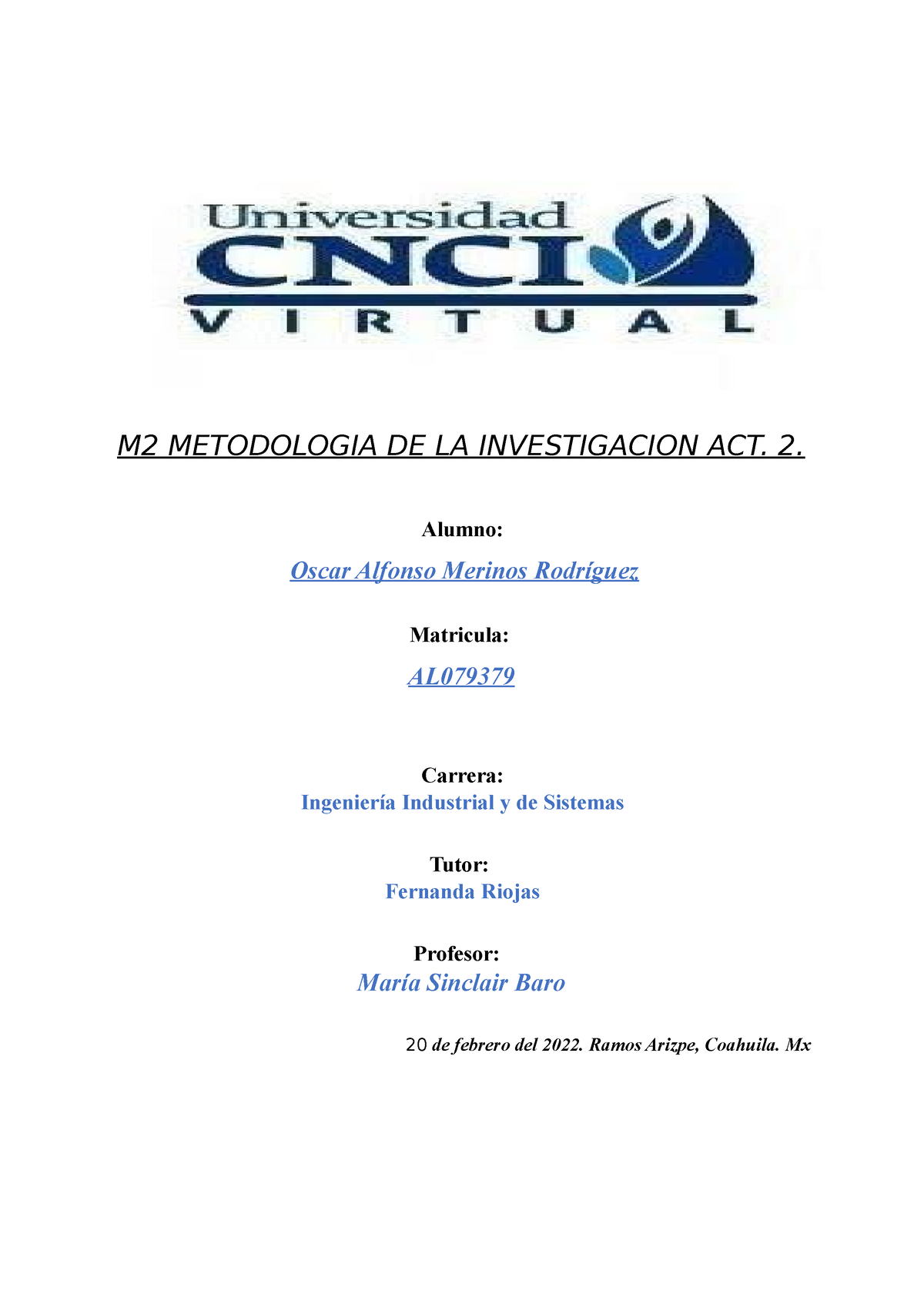 Metodologia D LA INV. ACT 2 - M2 METODOLOGIA DE LA INVESTIGACION ACT. 2 ...