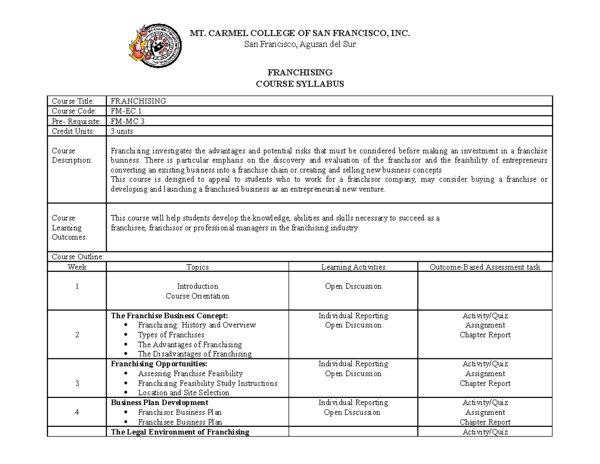 Franchising Syllabus For Business Ad MT CARMEL COLLEGE OF SAN 