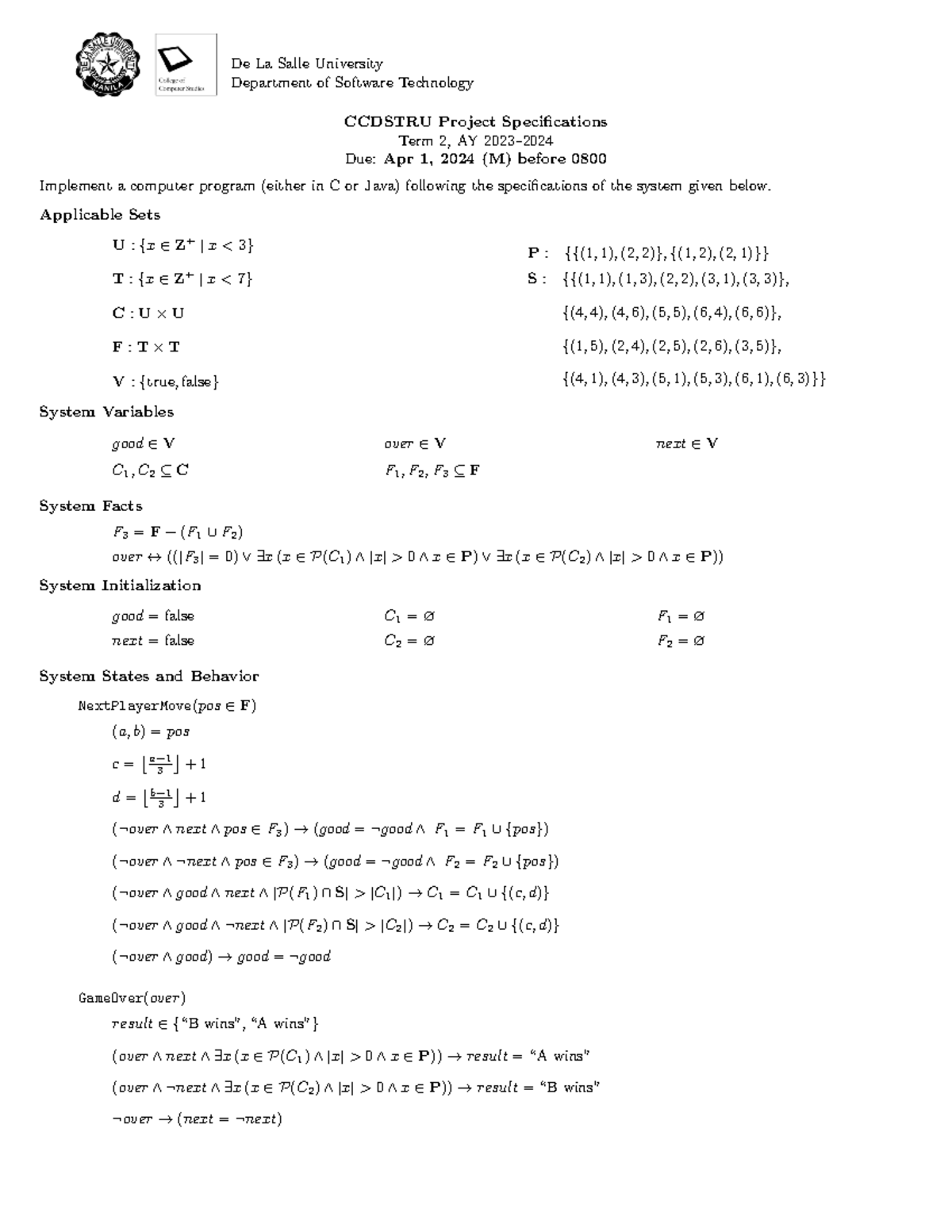 CCDSTRU machine project 1 - game, term 2 AY 2023 - 2024 PDF - De La ...