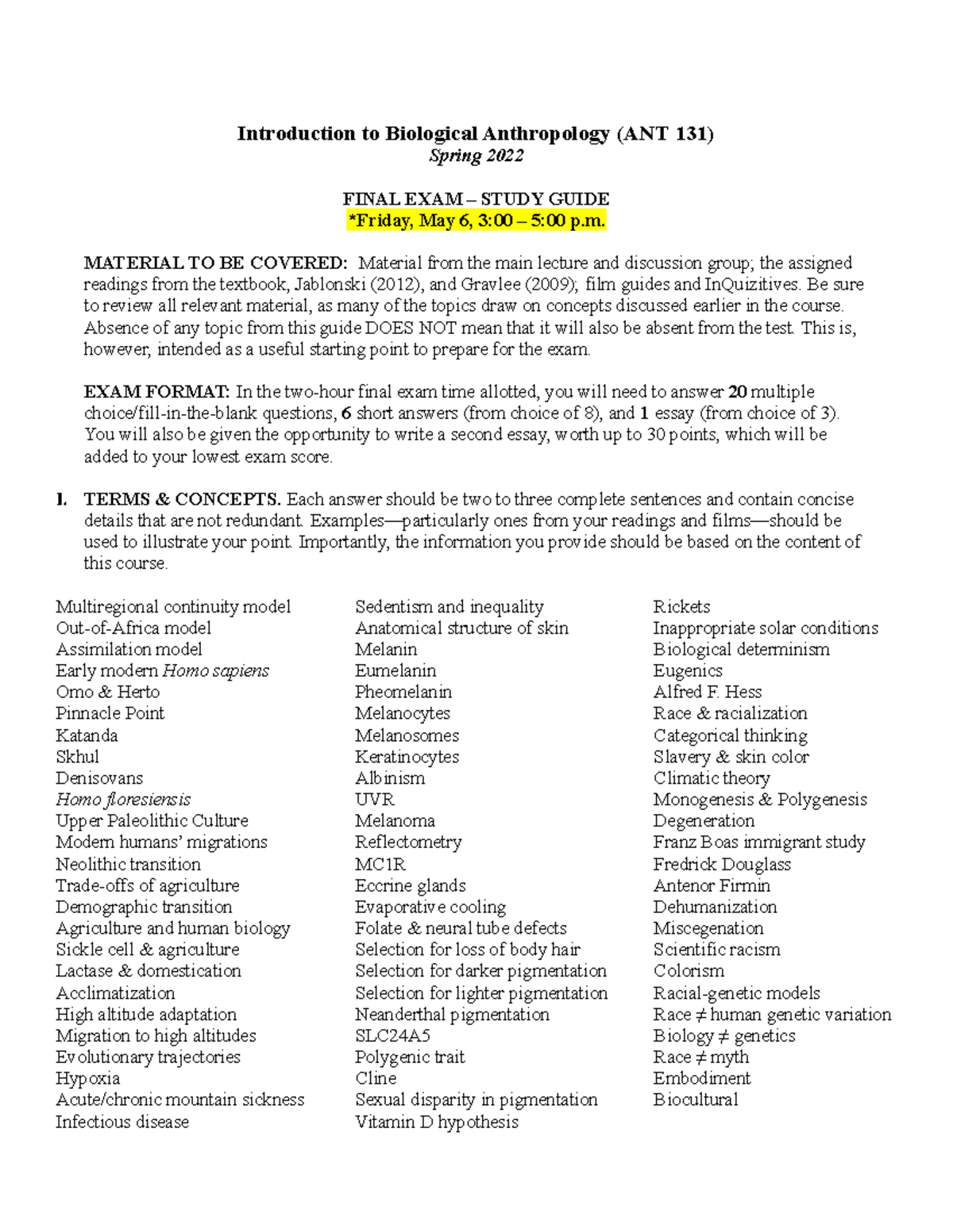 Final Exam Study Guide 2022 - Introduction to Biological Anthropology ...