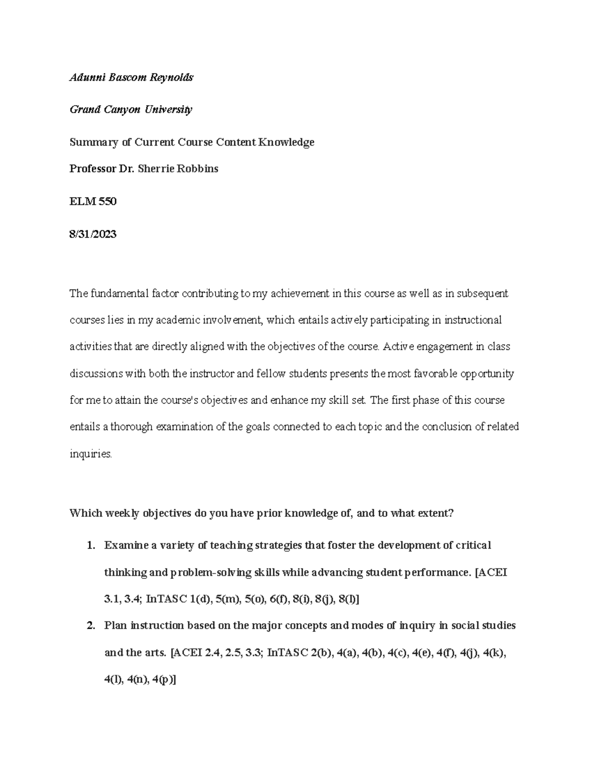 Summary of Current Course Content Knowledge ELM 550 - Adunni Bascom ...