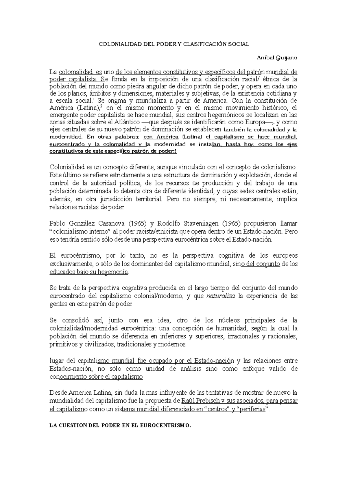 Colonialidad Del Poder Y Clasificacion Social Resumen COLONIALIDAD