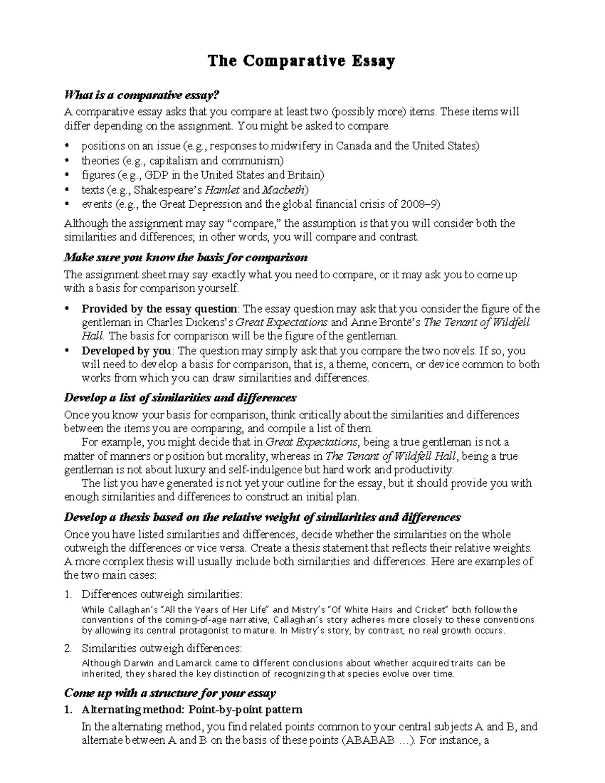 Comparative essay guide - T h e C o m p a r a t i v e E s s a y What is ...