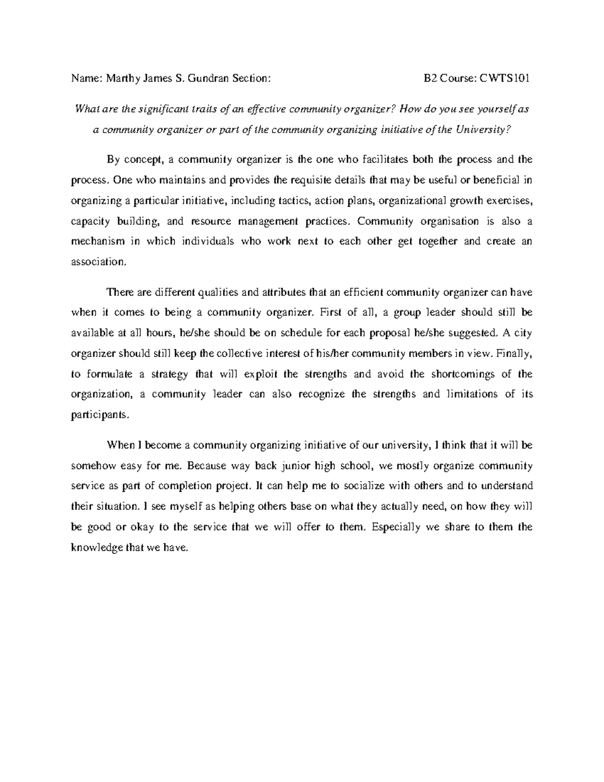 National Service Training Program weekly essay activity. - Name: Marthy ...