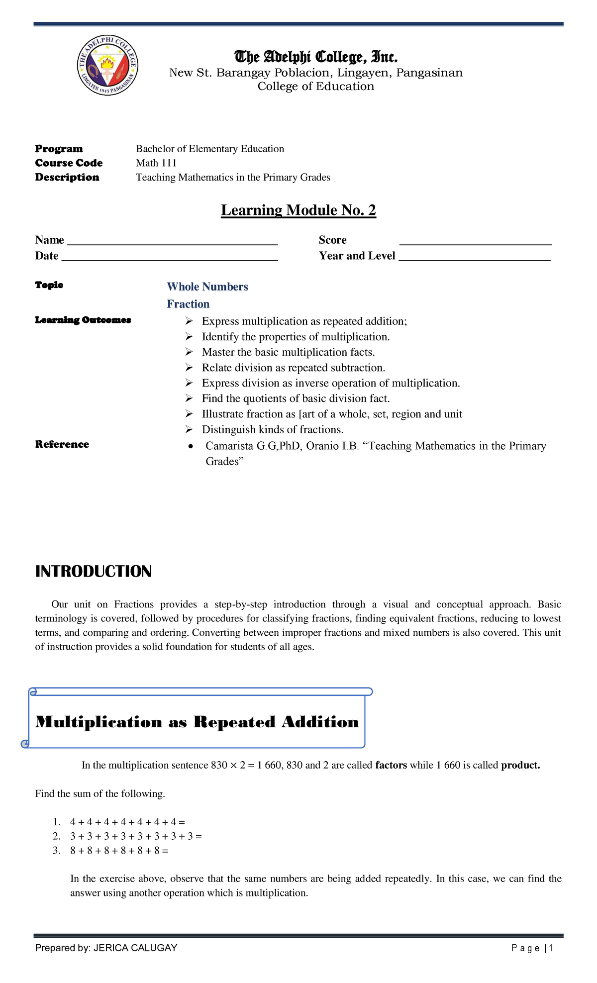 Teaching Mathematics in Primary Grades (BEED) module 2 - New St ...