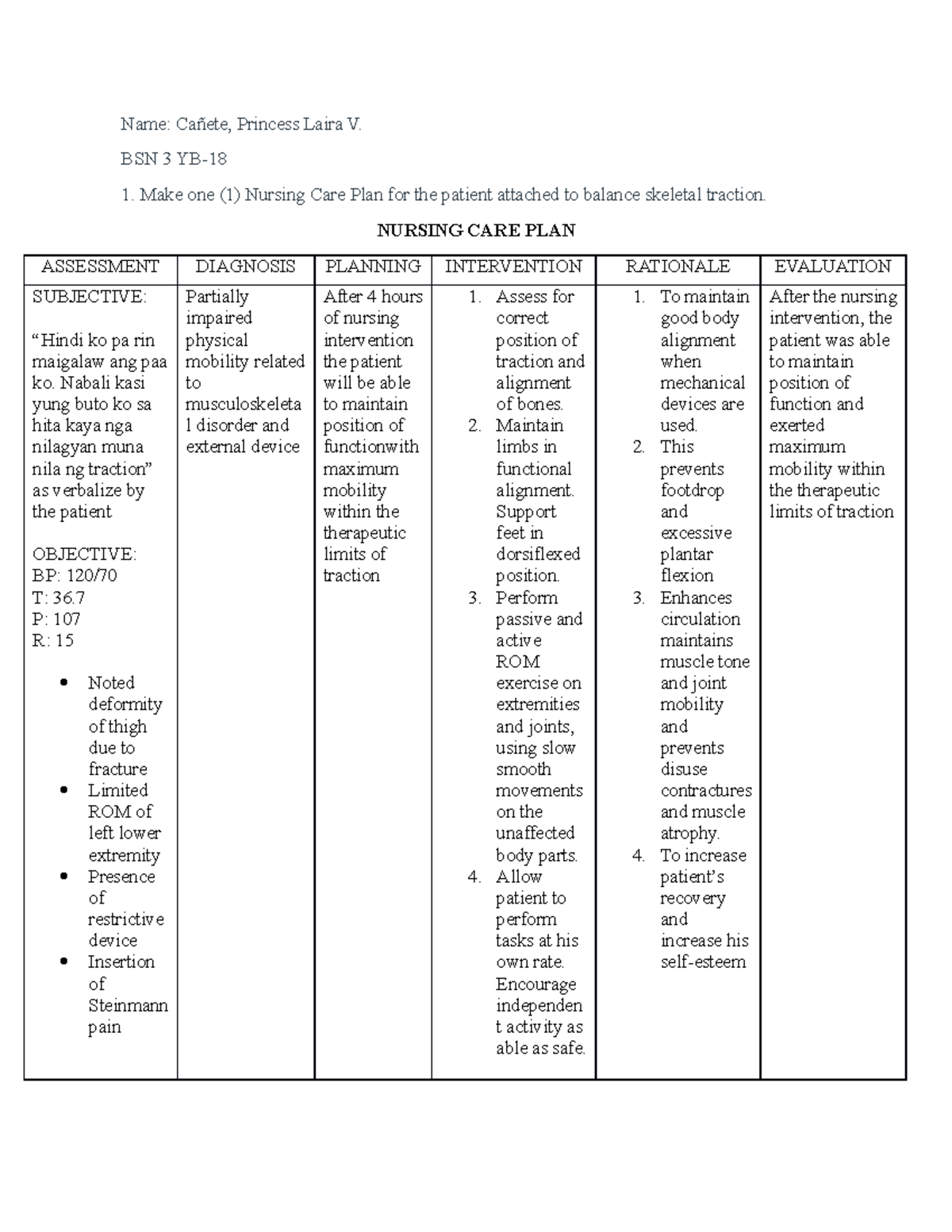 CT GDS Name Cañete, Princess Laira V. BSN 3 YB Make one (1) Nursing Care Plan for the