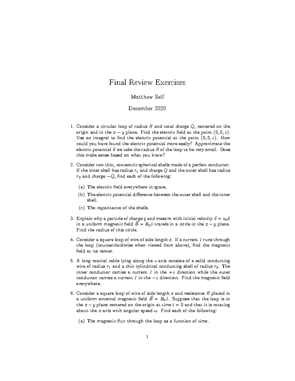 Physics 8B Fall 2020 Final exam Review Exercises - Final Review ...