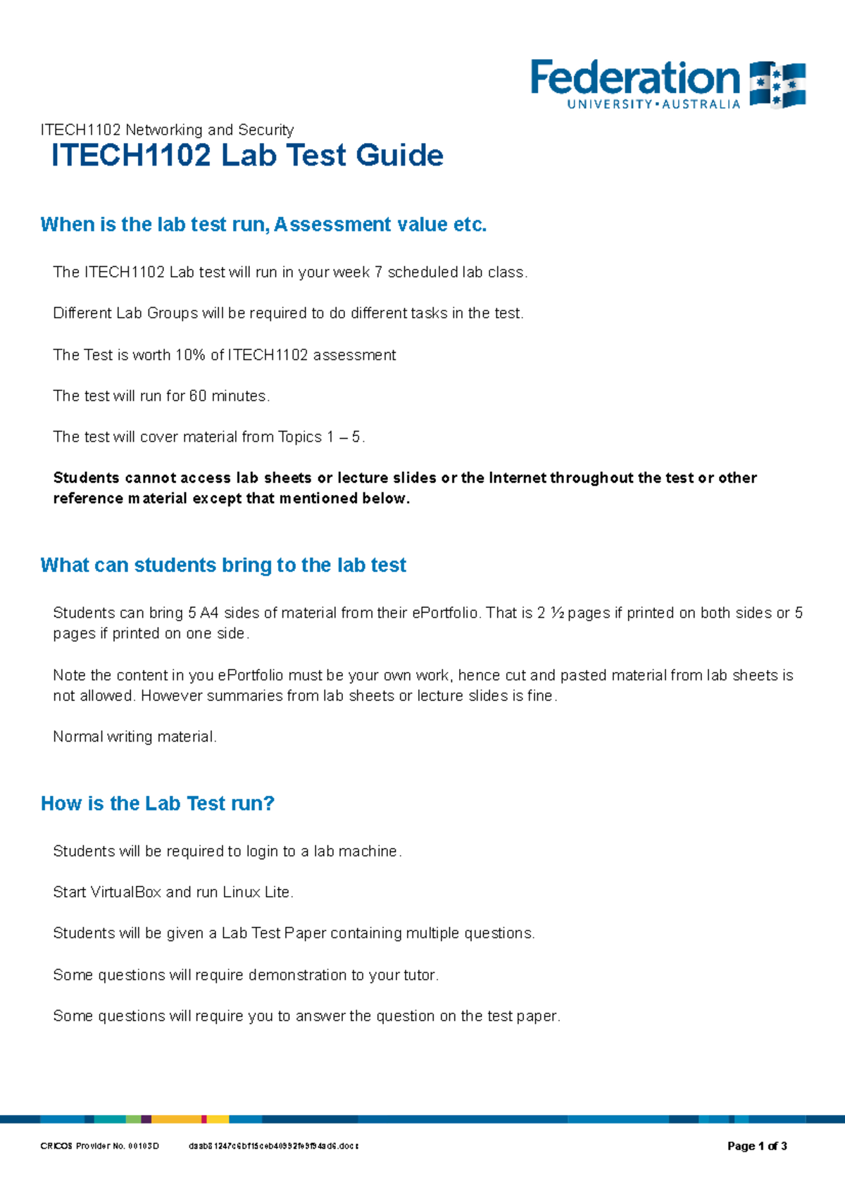 ITECH1102 Lab Test Guide ITECH1102 Networking and Security ITECH1102