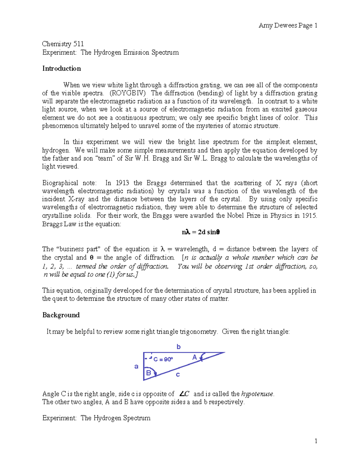 Exp Hydrogen Spectrum lab report Chemistry 511 Experiment The