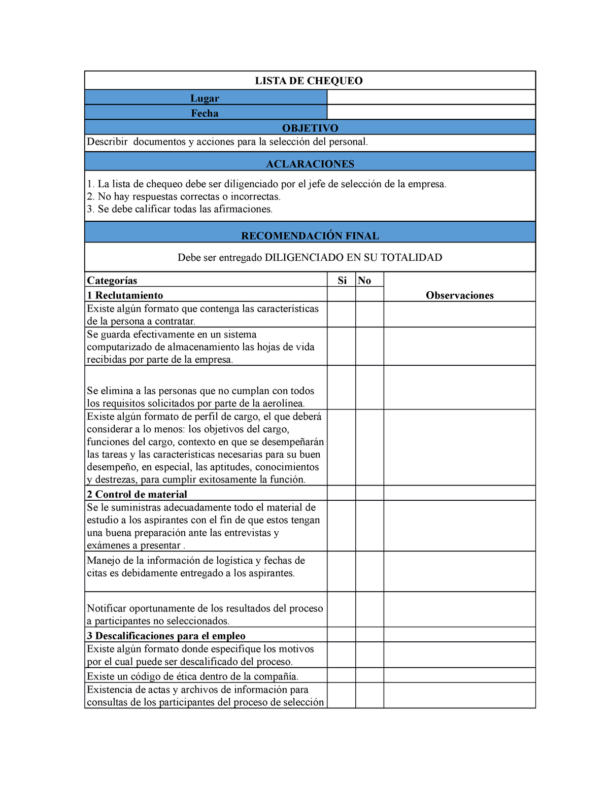 Lista DE Chequeo - Entrevista - LISTA DE CHEQUEO Lugar Fecha OBJETIVO ...