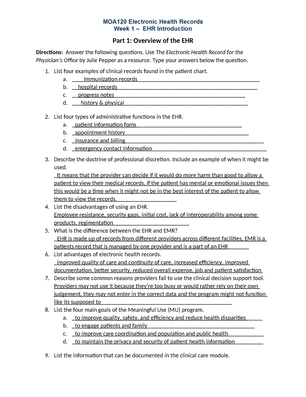 Week 1 Assignment - MOA120 Electronic Health Records Week 1 – EHR ...