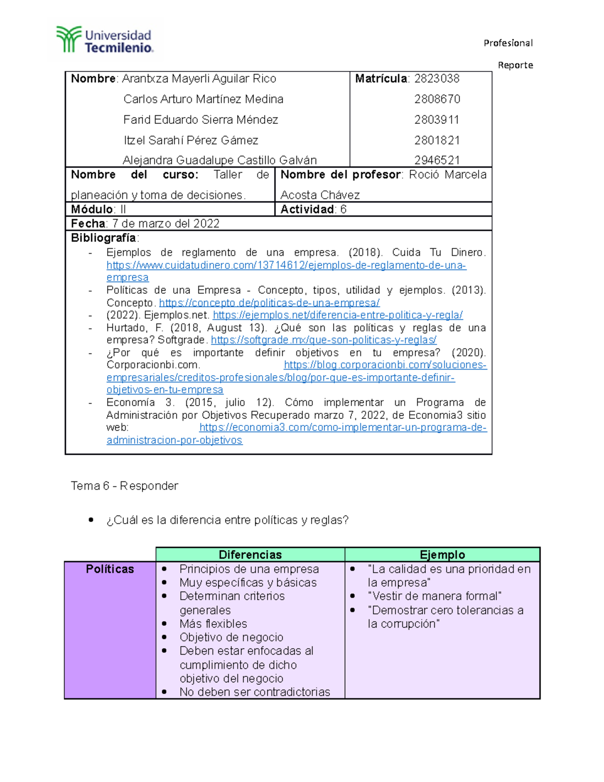 Act6. Taller de planeacion y toma de decisiones - Profesional Reporte ...