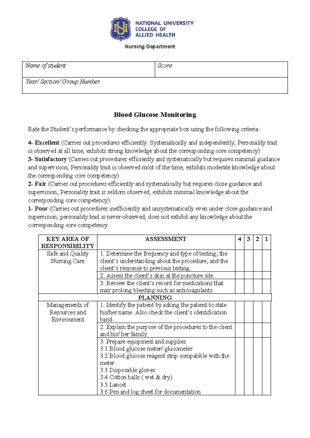 Blood-glucose-monitoring - Nursing Department Name Of Student Score 