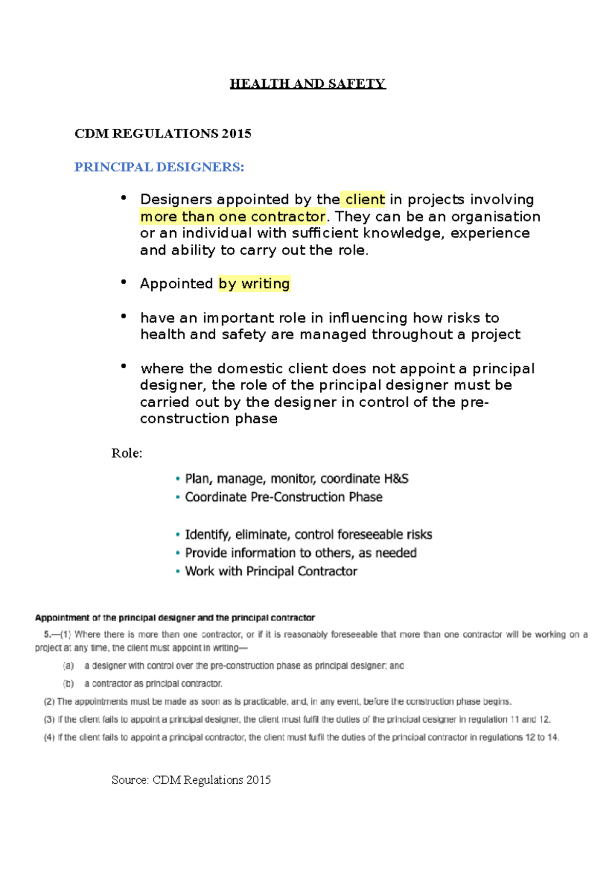 Health And Safety HEALTH AND SAFETY CDM REGULATIONS 2015 PRINCIPAL