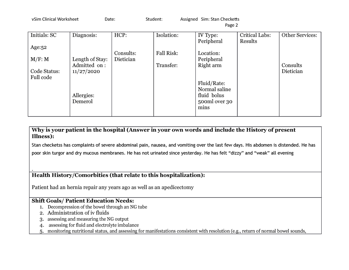 Stan Checketts Concept Map V Sim Clinical Worksheet - Stan Checketts - Vsim Clinical Worksheet Date:  Student: Assigned Sim: - Studocu