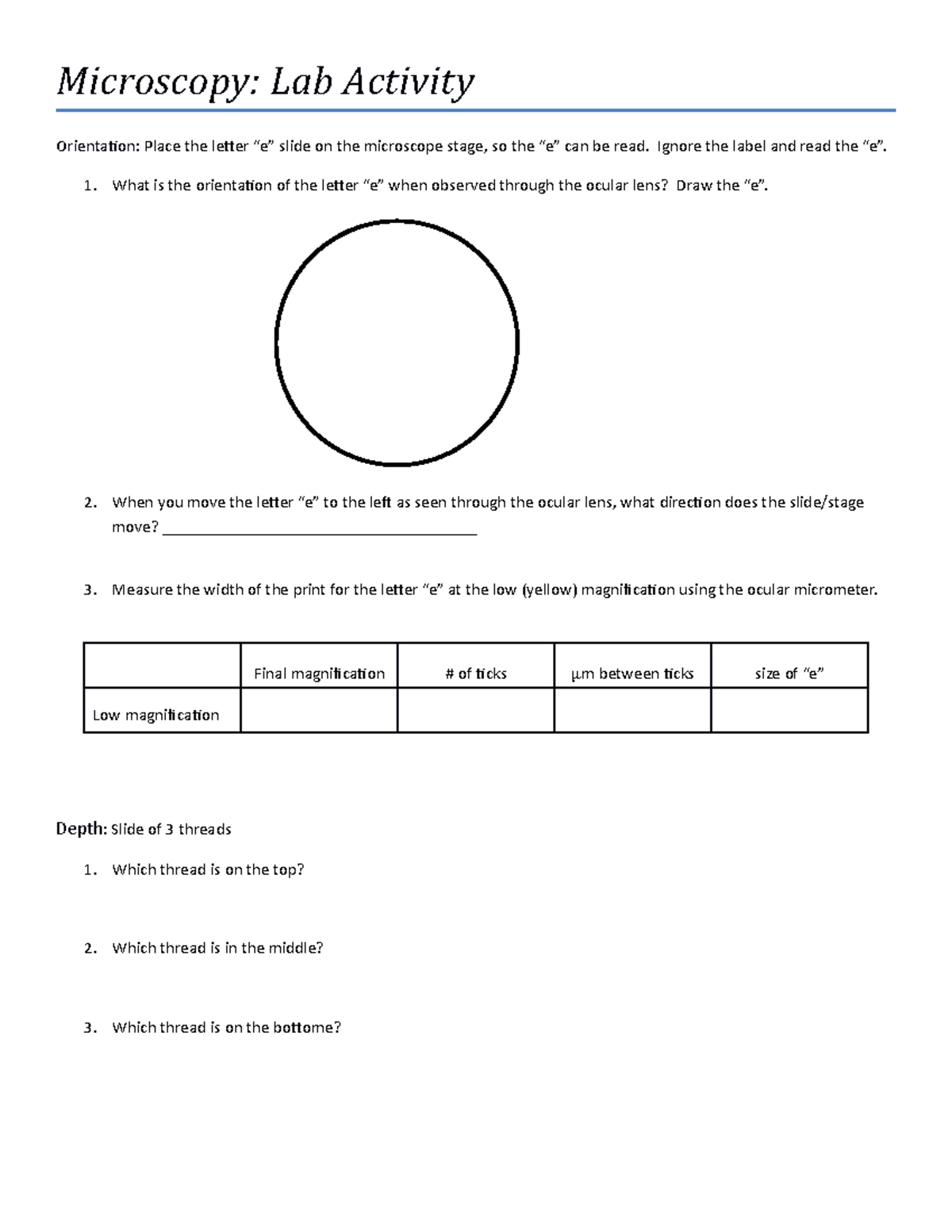 Microscopy notes Microscopy Lab Activity Orientation Place the