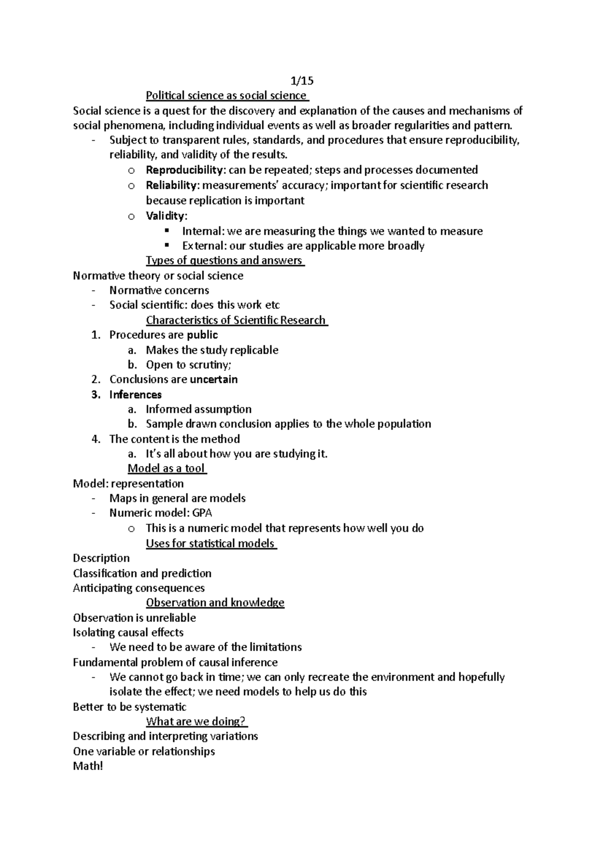 Pol 182 notes - 1/ Poliical science as social science Social science is ...