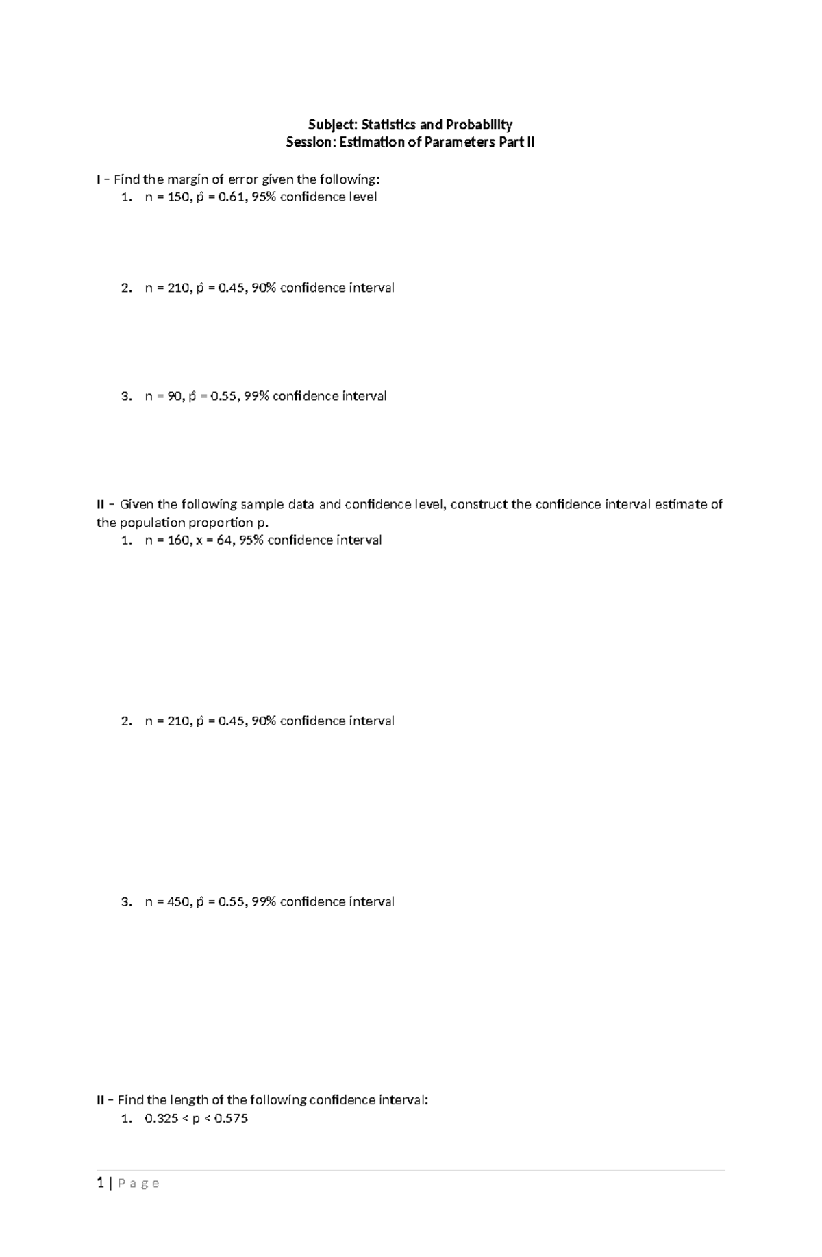 Estimation of Parameters Part II - n = 160, x = 64, 95% confidence ...