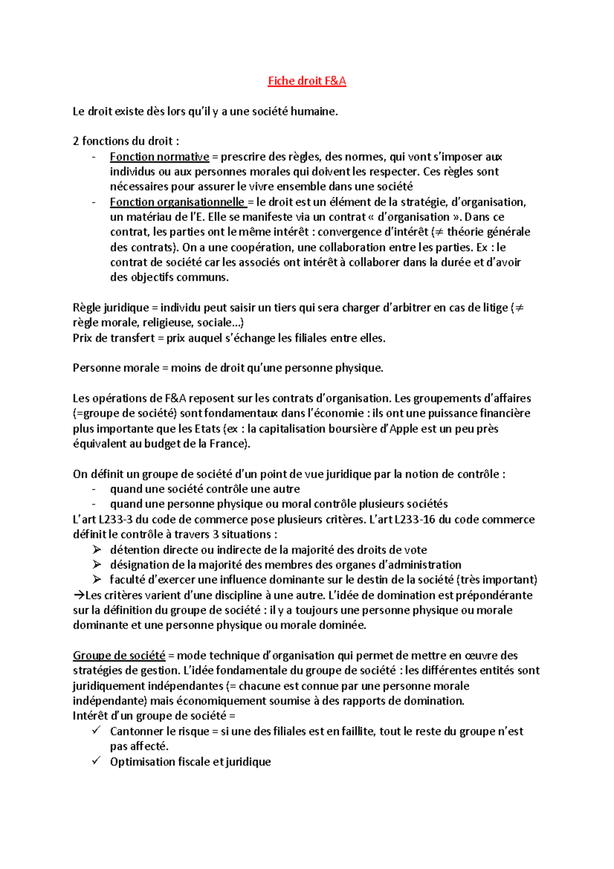 Fiche Droit - Notes De Cours 1 - Fiche Droit F&A Le Droit Existe Dès ...