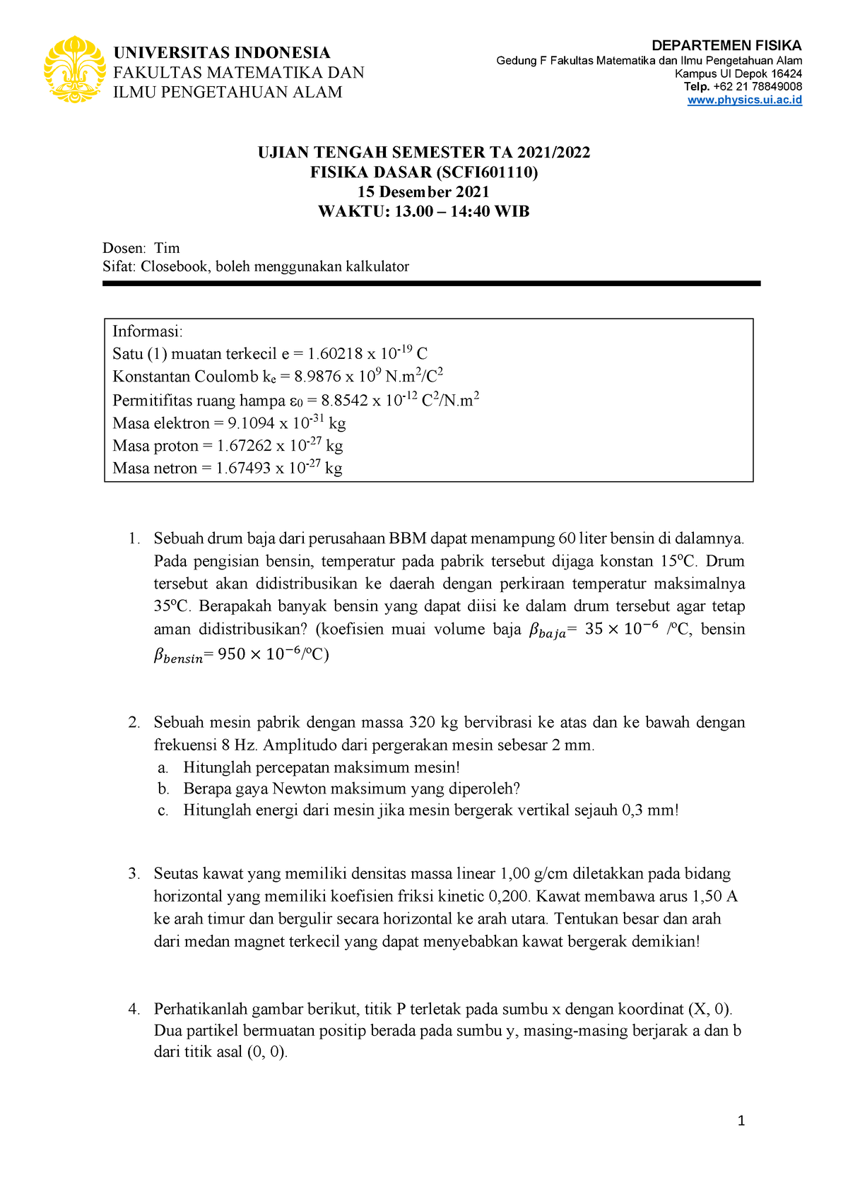 Final Soal Fisika Dasar-UAS 2021 - 1 UNIVERSITAS INDONESIA FAKULTAS ...