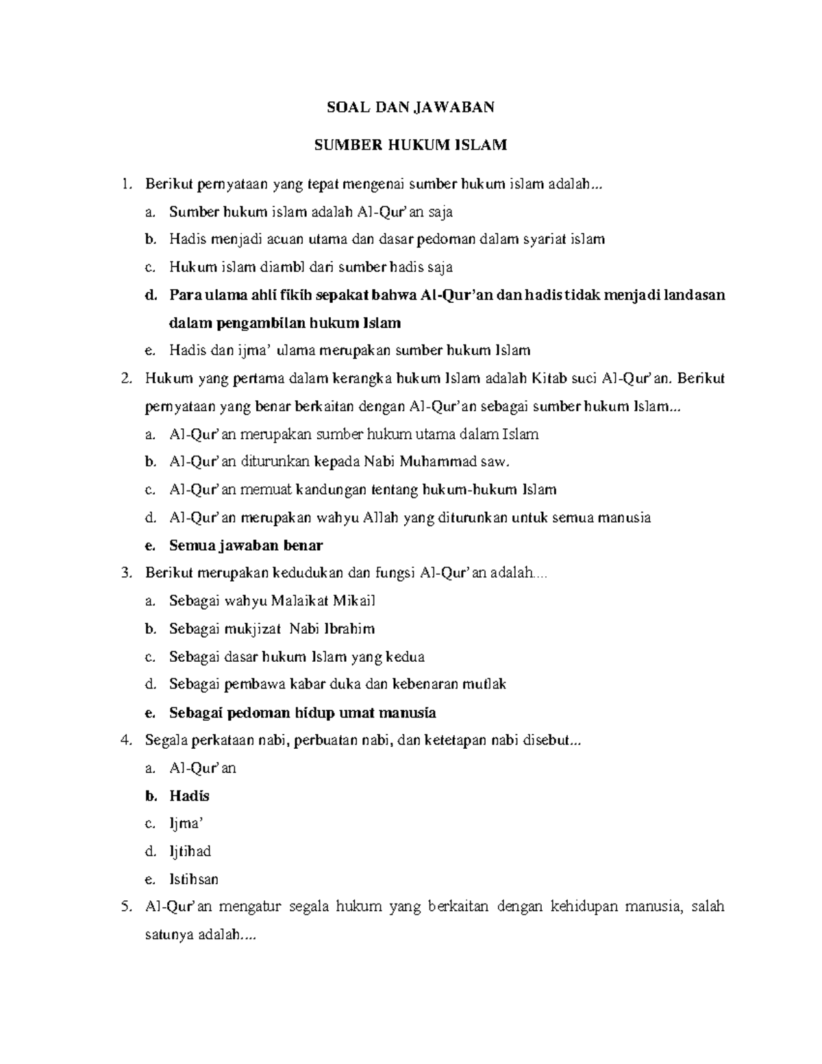 soal essay sumber hukum islam kelas 10