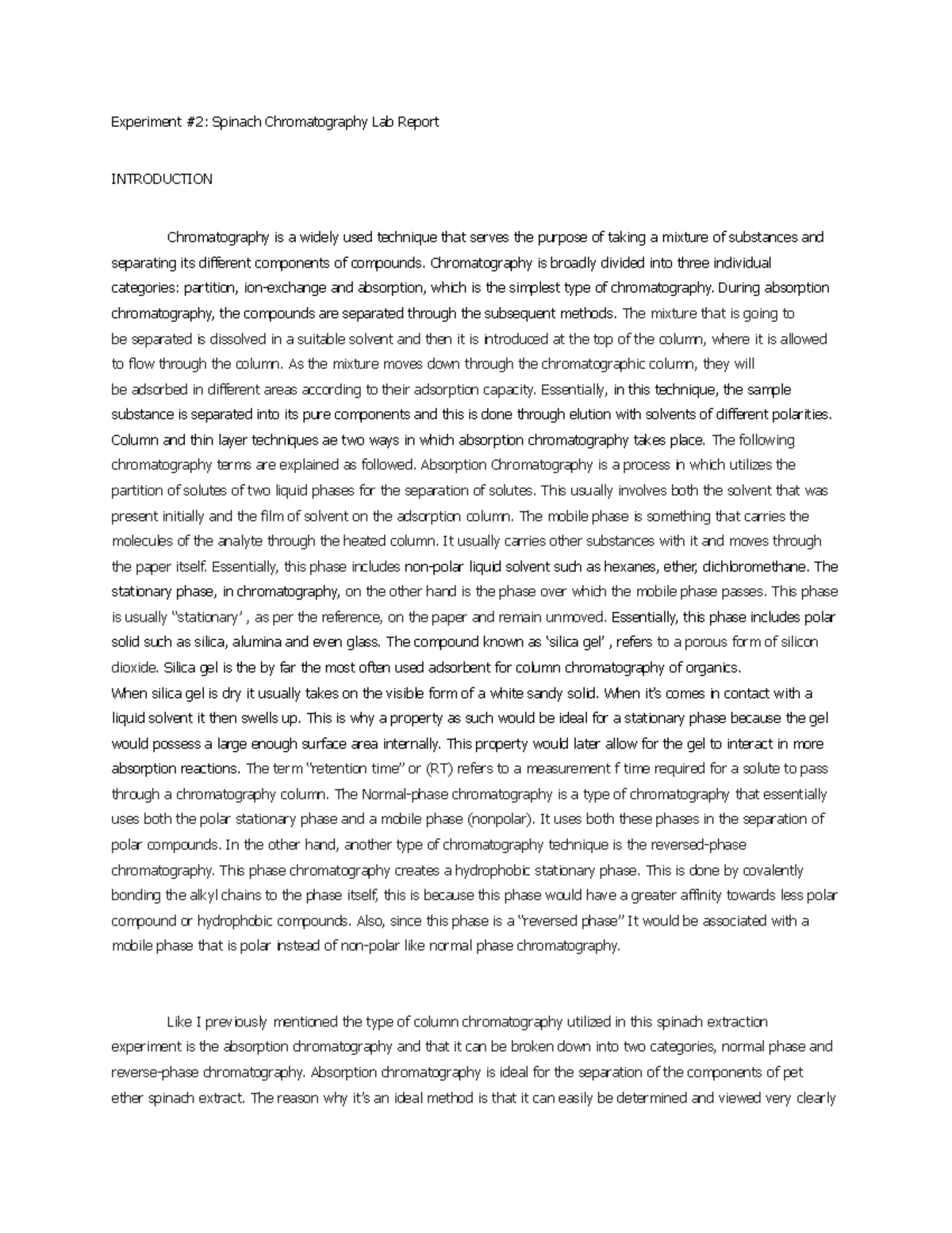 Spinach Extraction Lab Lecture Experiment 2 Spinach Chromatography