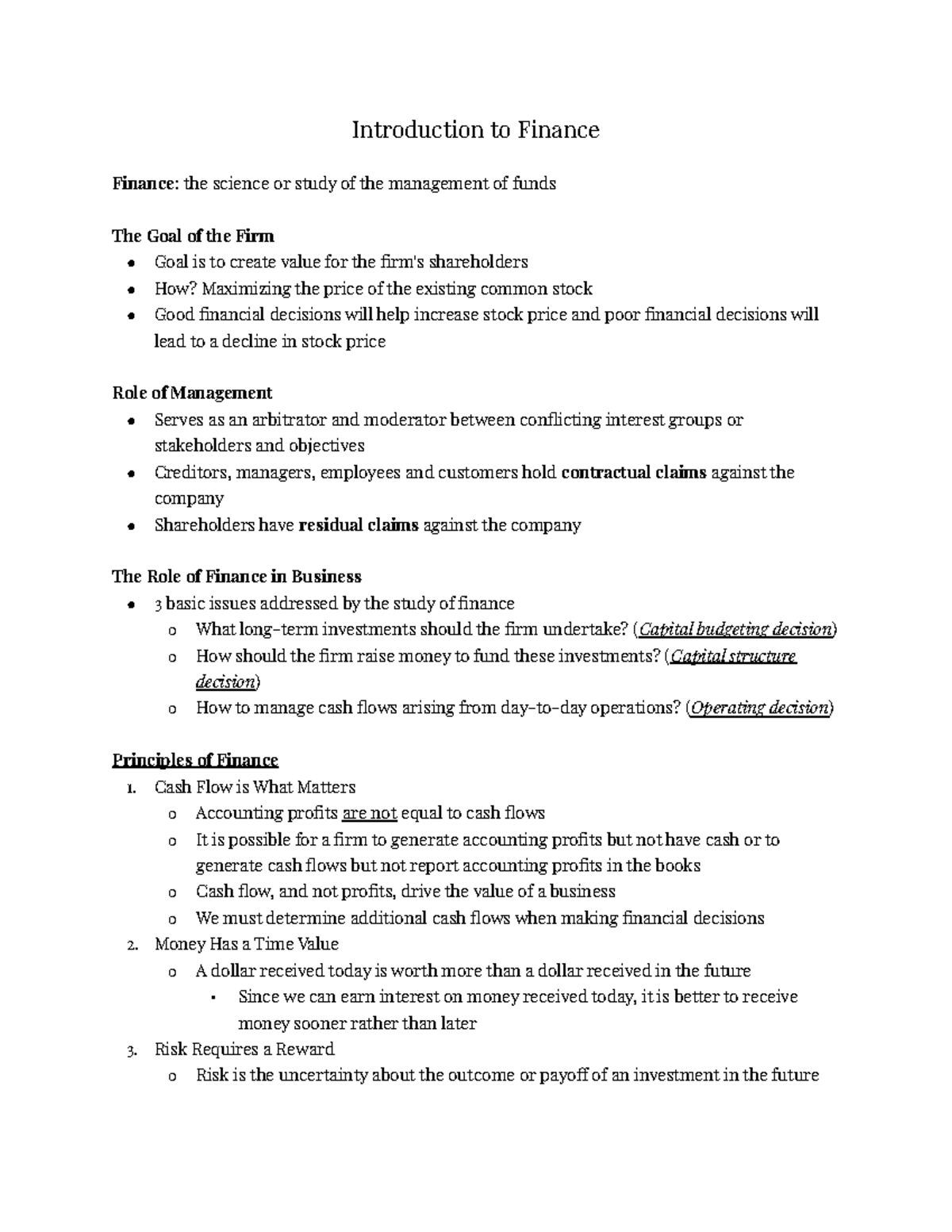 MOS1023 Exam 3 Notes - 2020 - Introduction to Finance Finance: the ...