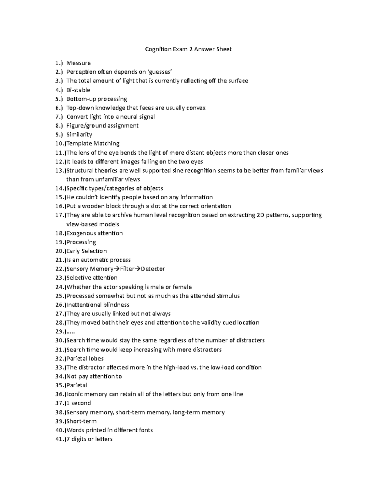 Cognition Exam 2 Answer Sheet Cognition Exam 2 Answer Sheet 1