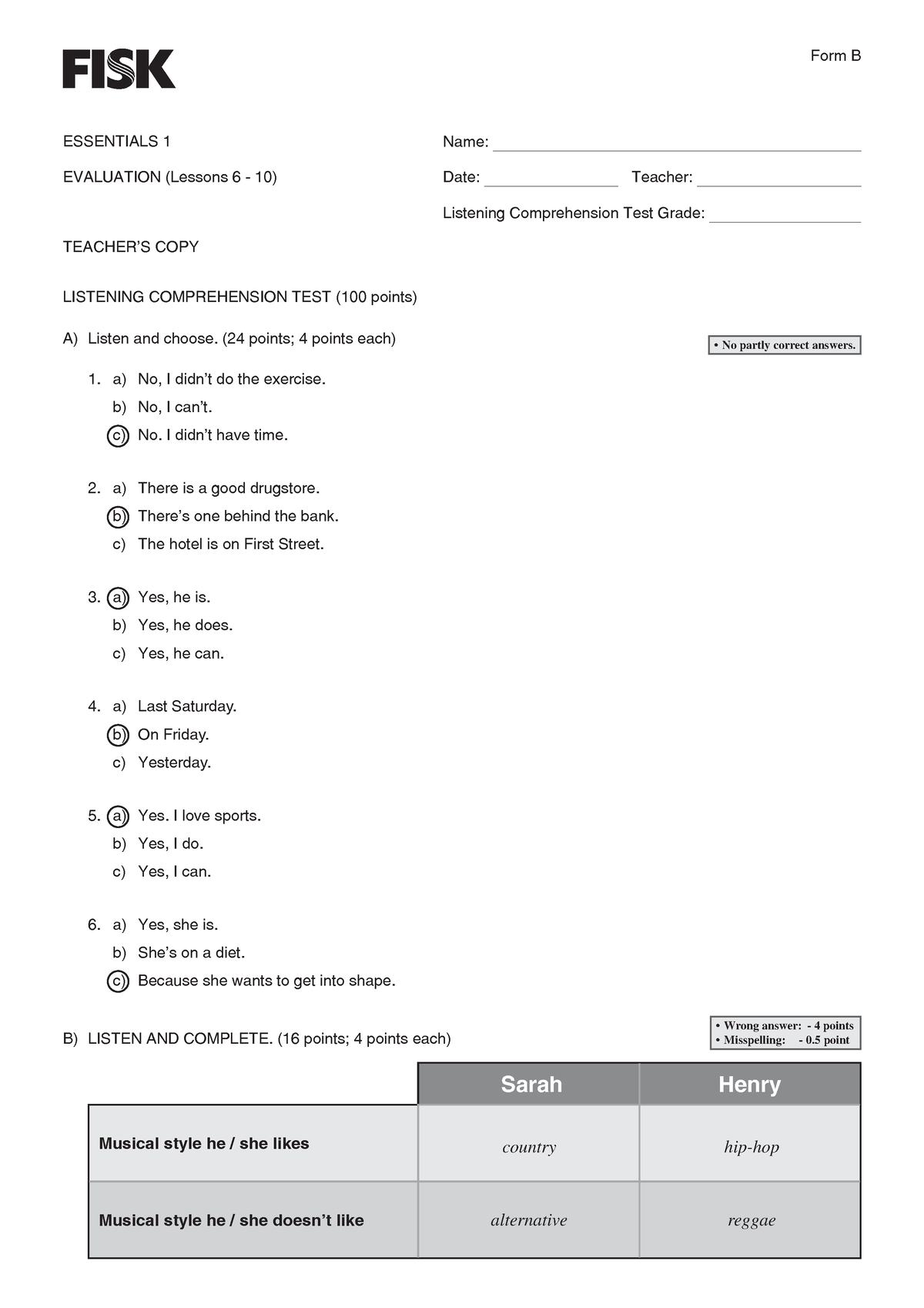 Essentials 1 Listening Comprehension Tests Lesson 6-10 - Form B ...