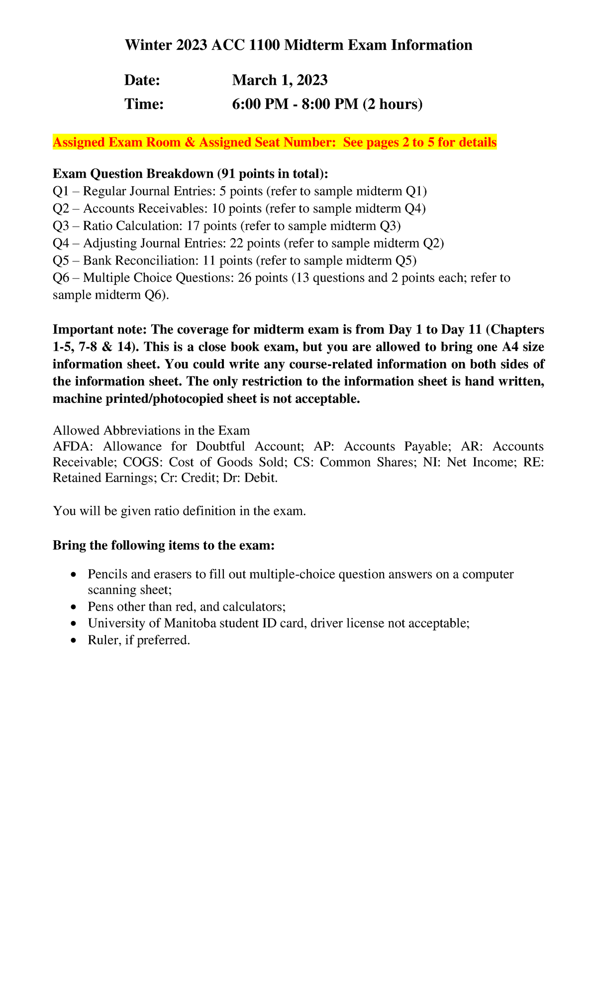 Midterm Exam Information in-person - Winter 2023 ACC 1100 Midterm Exam ...