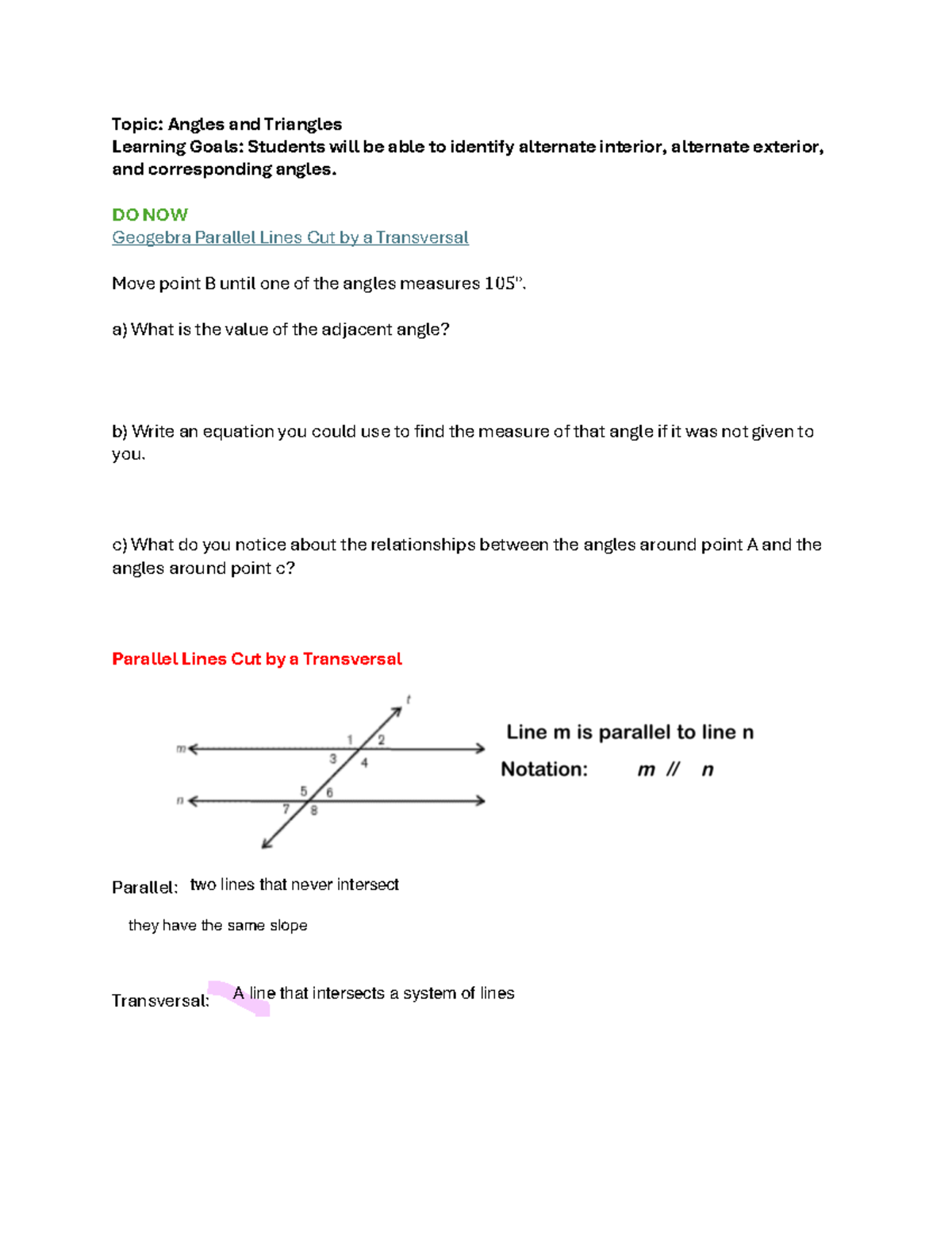Edited 04Parallel Lines Cut by a Transversal Topic Angles and