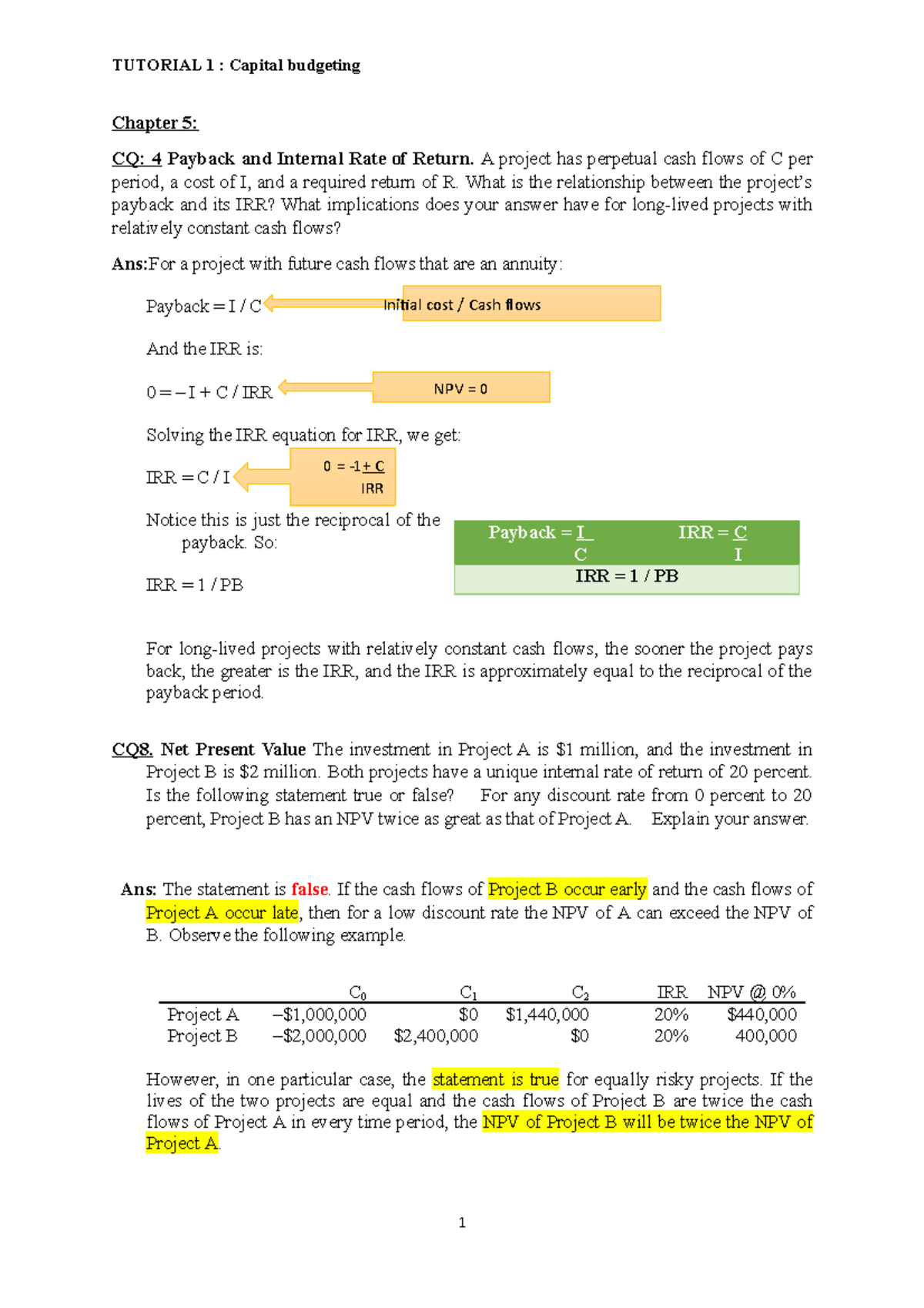 FIN322 Tutorial Solutions 1 Capital Budgeting (presentation) - Chapter ...